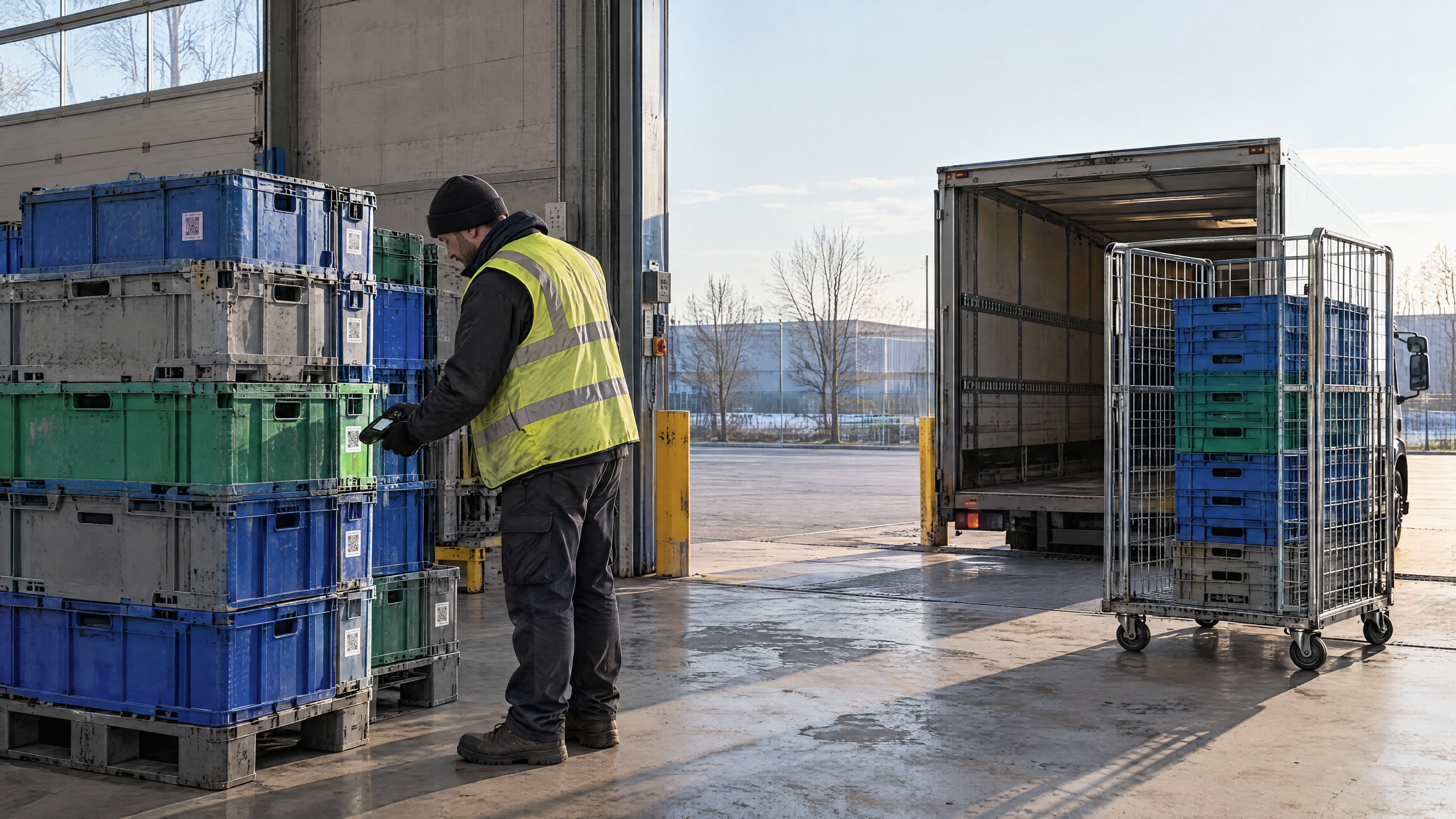 An operator scanning a stack of returnable totes and RPCs at a distribution center loading dock