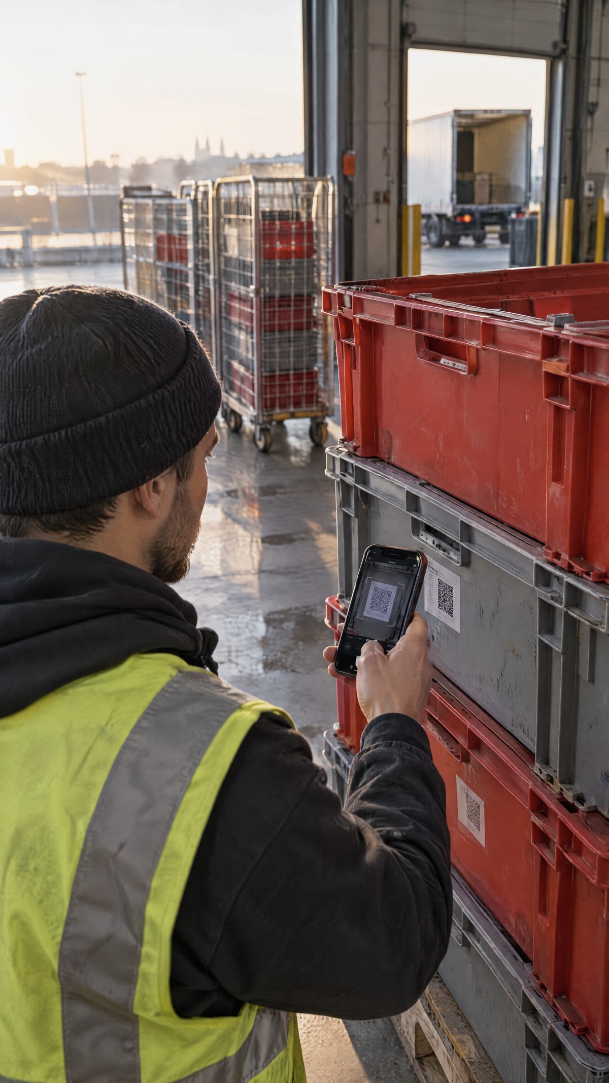 Operator in a hi-vis vest scanning the QR label on a stack of grey crates with a phone at a cross-dock