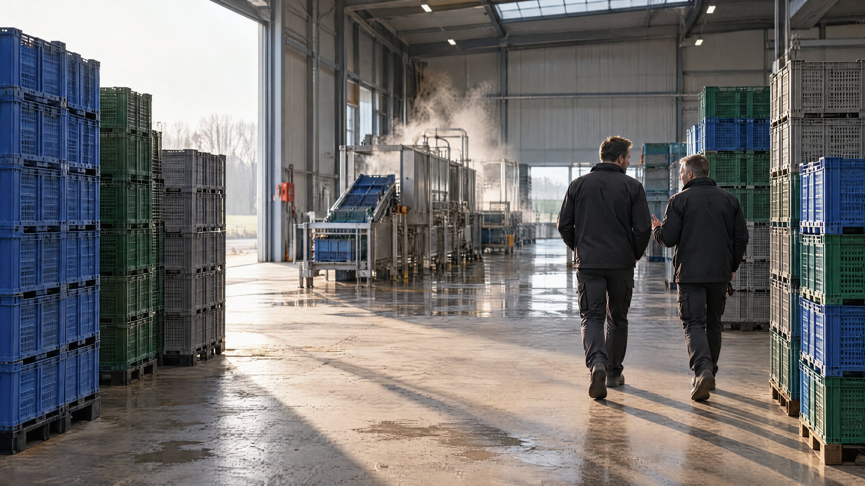Two operations managers walking along an aisle between tall stacks of blue, green and grey reusable crates in a crate washing and storage hall