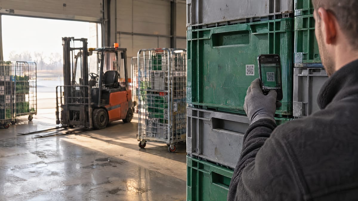 Gloved hand scanning a worn QR sticker on a grey stacking crate with a phone